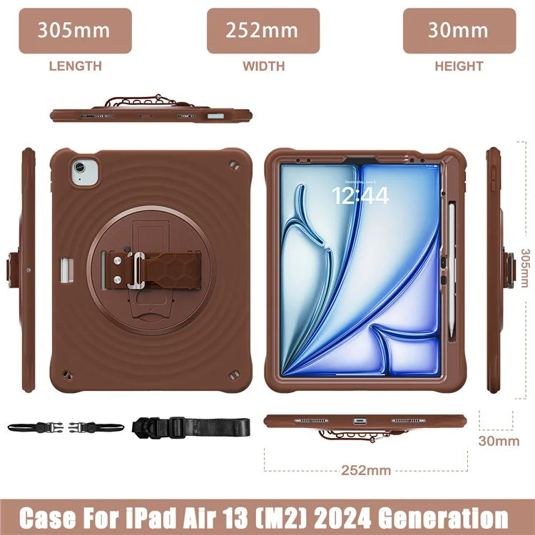 For iPad Air 13 (2024) / iPad Pro 12.9 (2022) / (2021) / (2020) / (2018) Case Kickstand Hand Strap Tablet Cover with Shoulder Strap