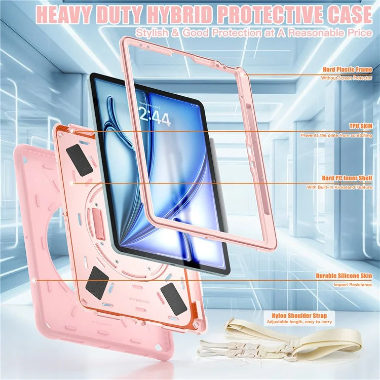 For iPad Air 13 (2024) / iPad Pro 12.9 (2022) / (2021) / (2020) / (2018) Case Kickstand Hand Strap Tablet Cover with Shoulder Strap