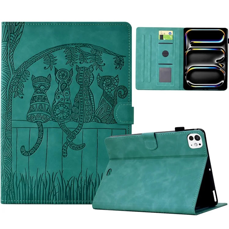 For iPad Pro 11 (2024) Case Cats Imprinted PU Leather Card Slots Tablet Cover