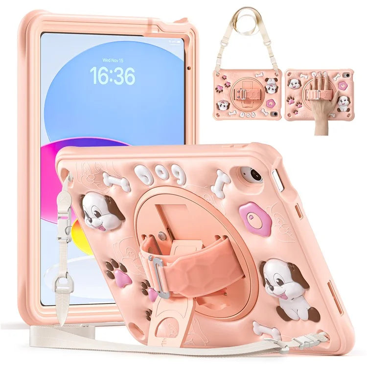 For iPad 10.9 (2022) Case with Shoulder Strap Kickstand Cute Dog PC+Silicone+TPU Tablet Cover