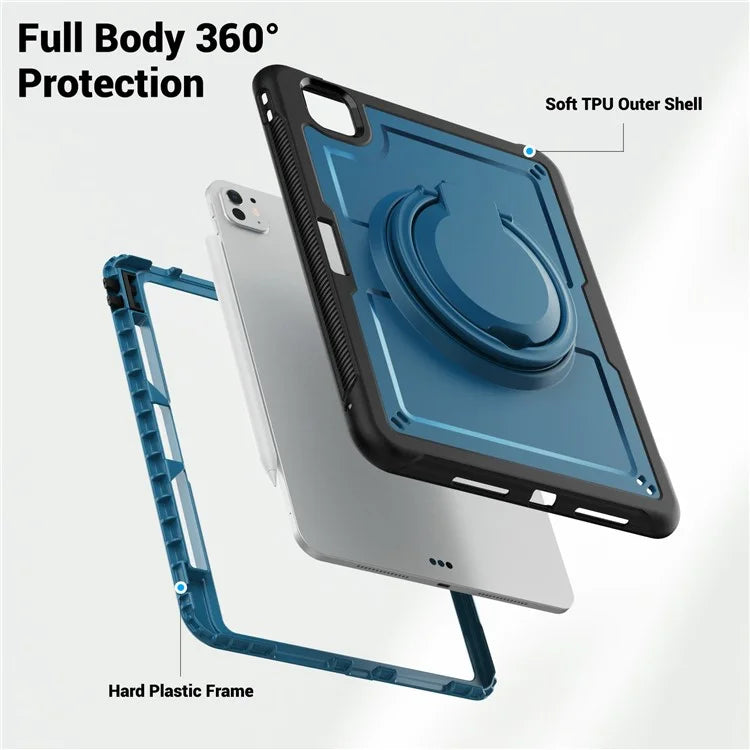 For iPad Pro 11 (2024) M4 A2836 Case PC+TPU Kickstand Tablet Cover with Pencil Holder, Shoulder Strap