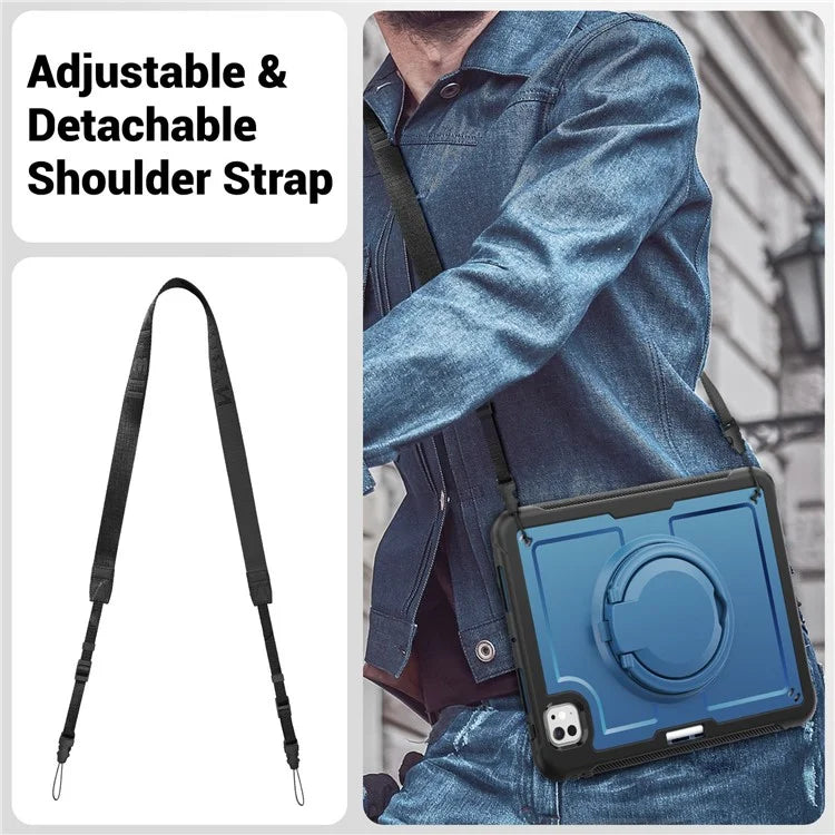 For iPad Pro 11 (2024) M4 A2836 Case PC+TPU Kickstand Tablet Cover with Pencil Holder, Shoulder Strap