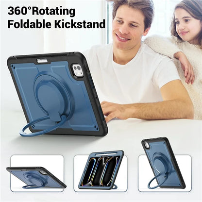 For iPad Pro 11 (2024) M4 A2836 Case PC+TPU Kickstand Tablet Cover with Pencil Holder, Shoulder Strap