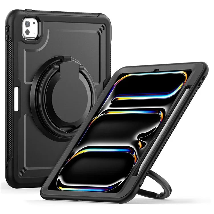For iPad Pro 11 (2024) M4 A2836 Case PC+TPU Kickstand Tablet Cover with Pencil Holder, Shoulder Strap
