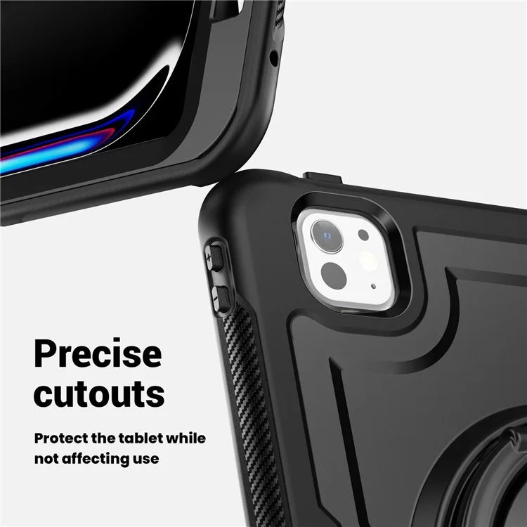 For iPad Pro 11 (2024) M4 A2836 Case PC+TPU Kickstand Tablet Cover with Pencil Holder, Shoulder Strap