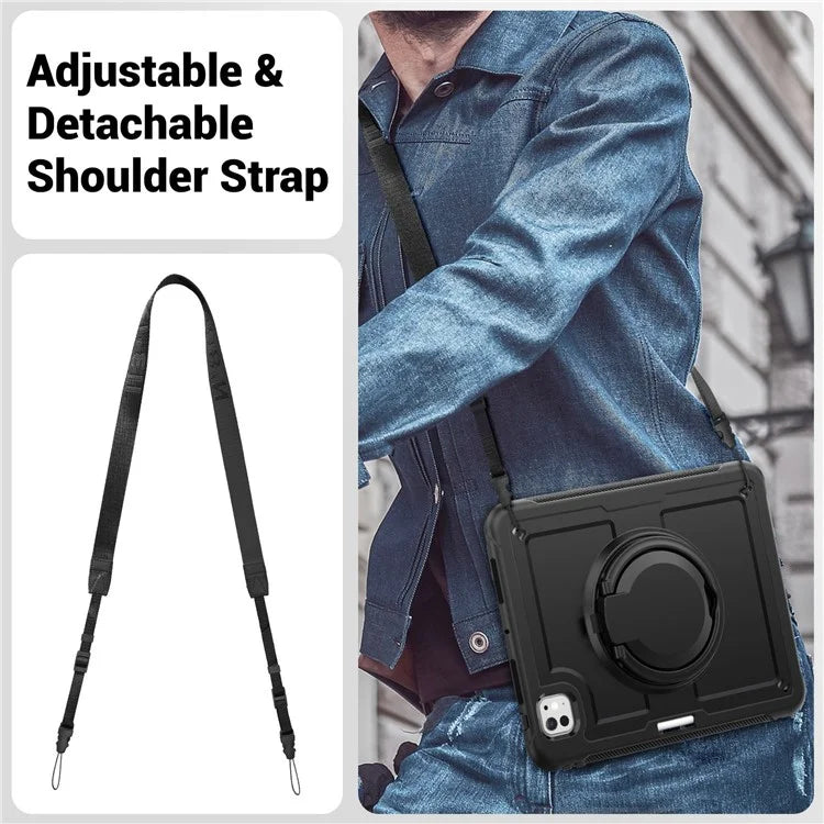 For iPad Pro 11 (2024) M4 A2836 Case PC+TPU Kickstand Tablet Cover with Pencil Holder, Shoulder Strap