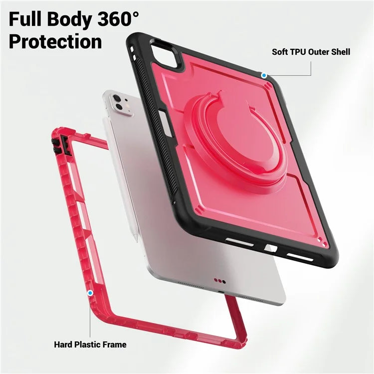 For iPad Pro 11 (2024) M4 A2836 Case PC+TPU Kickstand Tablet Cover with Pencil Holder, Shoulder Strap