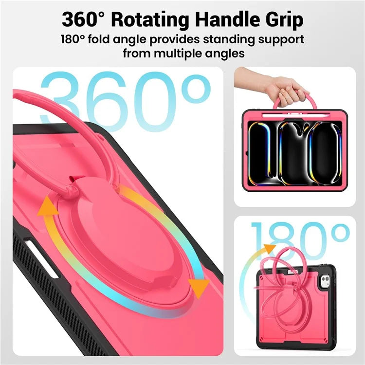 For iPad Pro 11 (2024) M4 A2836 Case PC+TPU Kickstand Tablet Cover with Pencil Holder, Shoulder Strap