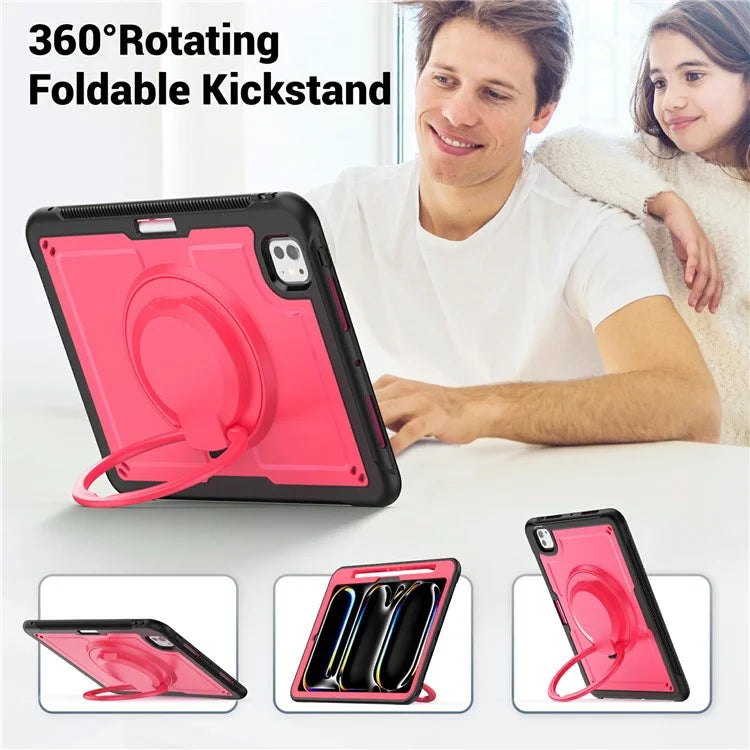 For iPad Pro 11 (2024) M4 A2836 Case PC+TPU Kickstand Tablet Cover with Pencil Holder, Shoulder Strap