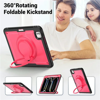For iPad Pro 11 (2024) M4 A2836 Case PC+TPU Kickstand Tablet Cover with Pencil Holder, Shoulder Strap
