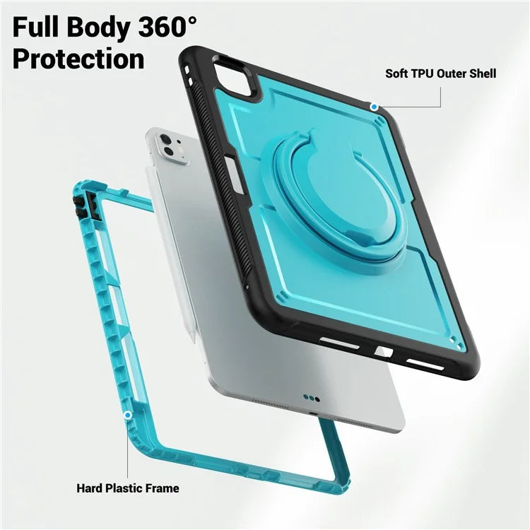 For iPad Pro 11 (2024) M4 A2836 Case PC+TPU Kickstand Tablet Cover with Pencil Holder, Shoulder Strap