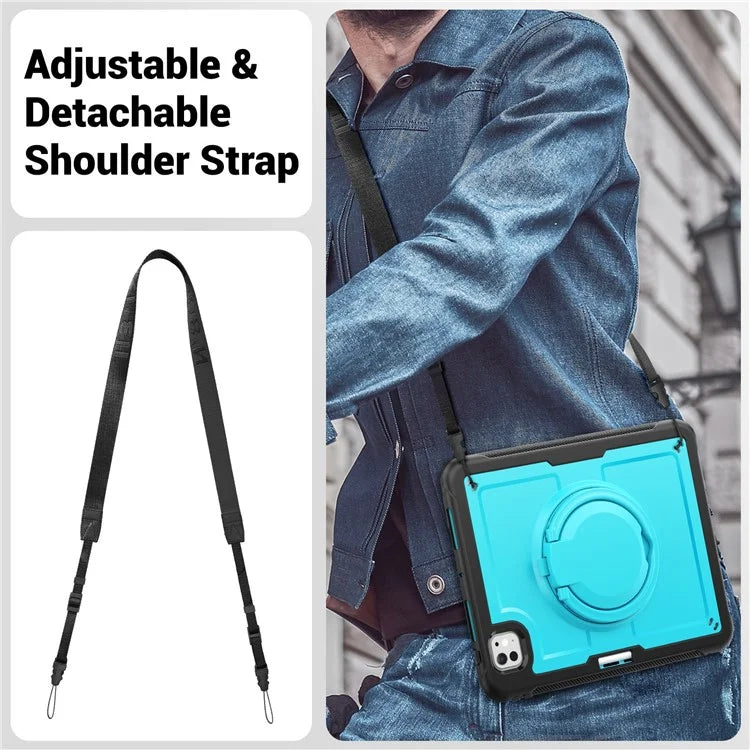 For iPad Pro 11 (2024) M4 A2836 Case PC+TPU Kickstand Tablet Cover with Pencil Holder, Shoulder Strap