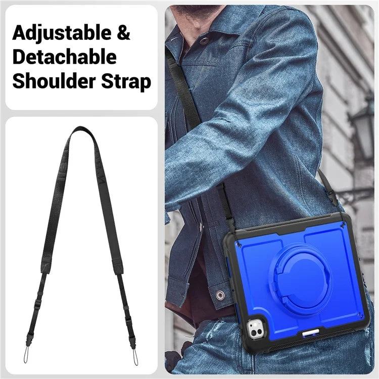 For iPad Pro 11 (2024) M4 A2836 Case PC+TPU Kickstand Tablet Cover with Pencil Holder, Shoulder Strap