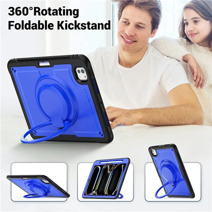 For iPad Pro 11 (2024) M4 A2836 Case PC+TPU Kickstand Tablet Cover with Pencil Holder, Shoulder Strap