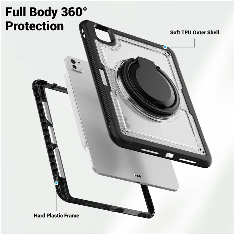 For iPad Pro 11 (2024) M4 A2836 Case PC+TPU Kickstand Tablet Cover with Pencil Holder, Shoulder Strap