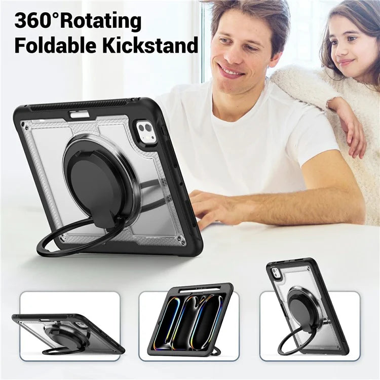 For iPad Pro 11 (2024) M4 A2836 Case PC+TPU Kickstand Tablet Cover with Pencil Holder, Shoulder Strap
