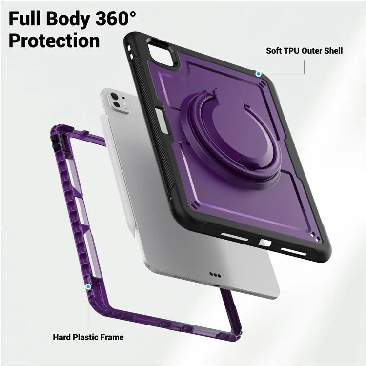 For iPad Pro 11 (2024) M4 A2836 Case PC+TPU Kickstand Tablet Cover with Pencil Holder, Shoulder Strap