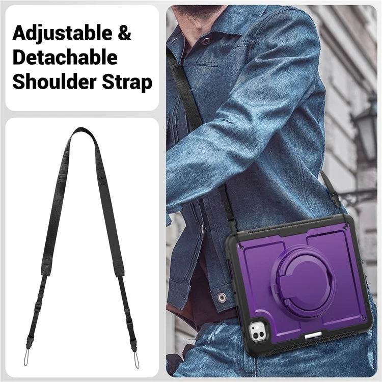 For iPad Pro 11 (2024) M4 A2836 Case PC+TPU Kickstand Tablet Cover with Pencil Holder, Shoulder Strap