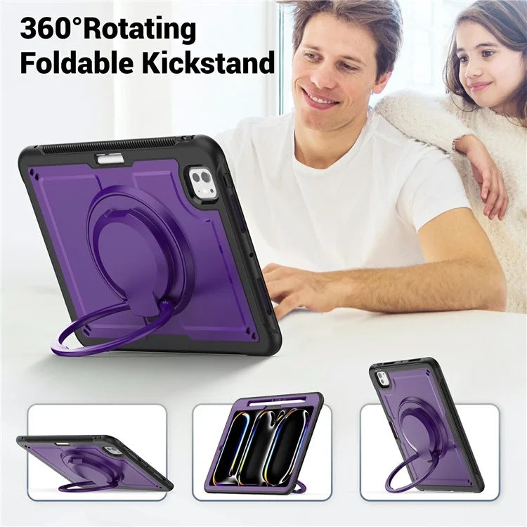 For iPad Pro 11 (2024) M4 A2836 Case PC+TPU Kickstand Tablet Cover with Pencil Holder, Shoulder Strap