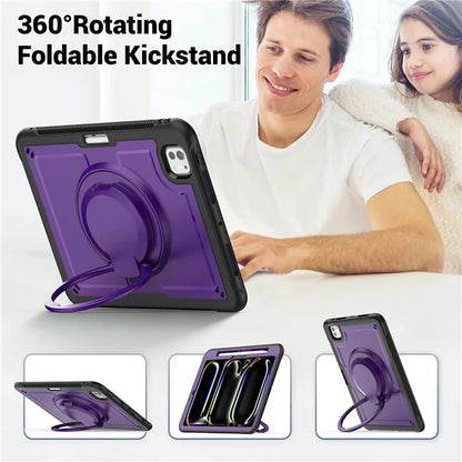 For iPad Pro 11 (2024) M4 A2836 Case PC+TPU Kickstand Tablet Cover with Pencil Holder, Shoulder Strap