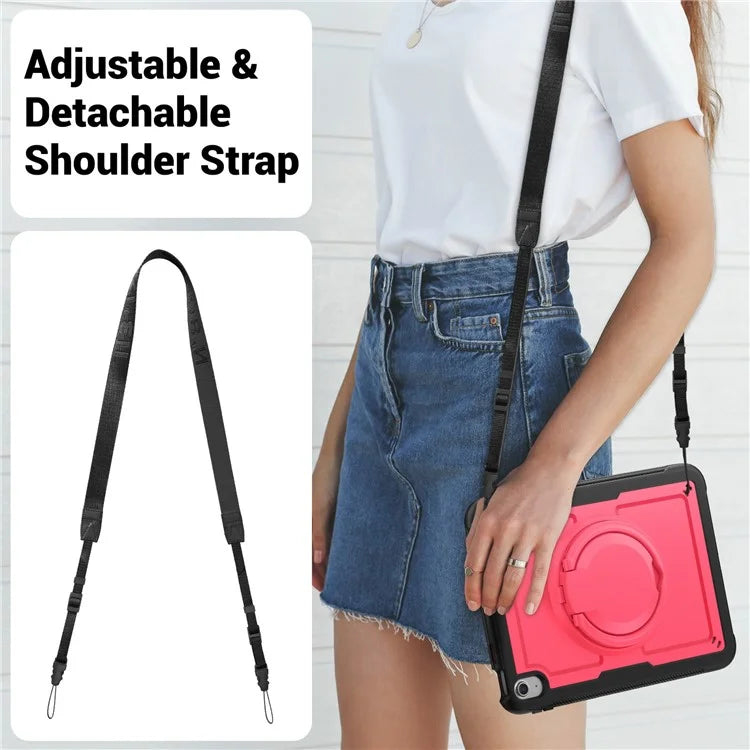 For iPad 10.9 (2022) Case PC+TPU Kickstand Tablet Cover with Pencil Holder, Shoulder Strap