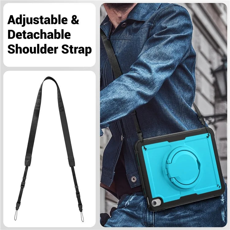 For iPad 10.9 (2022) Case PC+TPU Kickstand Tablet Cover with Pencil Holder, Shoulder Strap