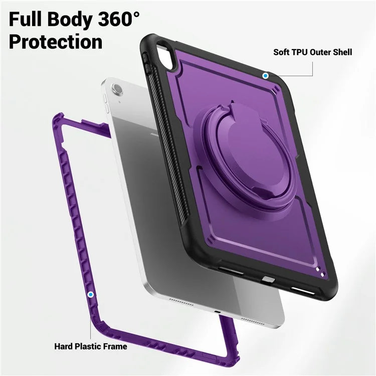 For iPad 10.9 (2022) Case PC+TPU Kickstand Tablet Cover with Pencil Holder, Shoulder Strap