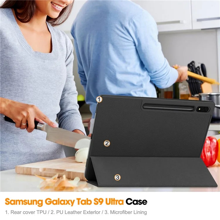 For Samsung Galaxy Tab S10 Ultra Stand Case Shock-Absorbent Leather Tablet Cover with Pen Slot