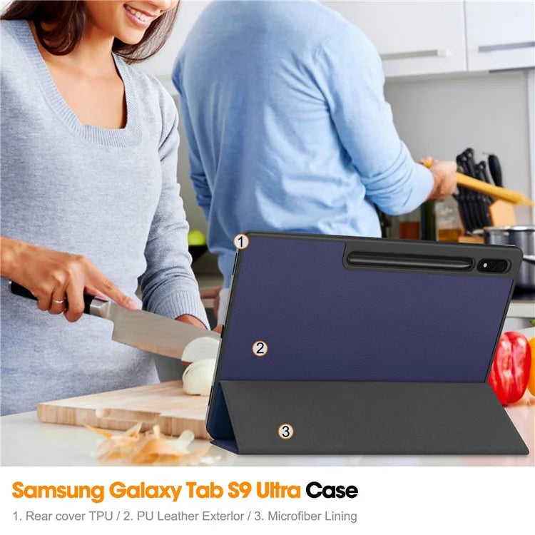 For Samsung Galaxy Tab S10 Ultra Stand Case Shock-Absorbent Leather Tablet Cover with Pen Slot