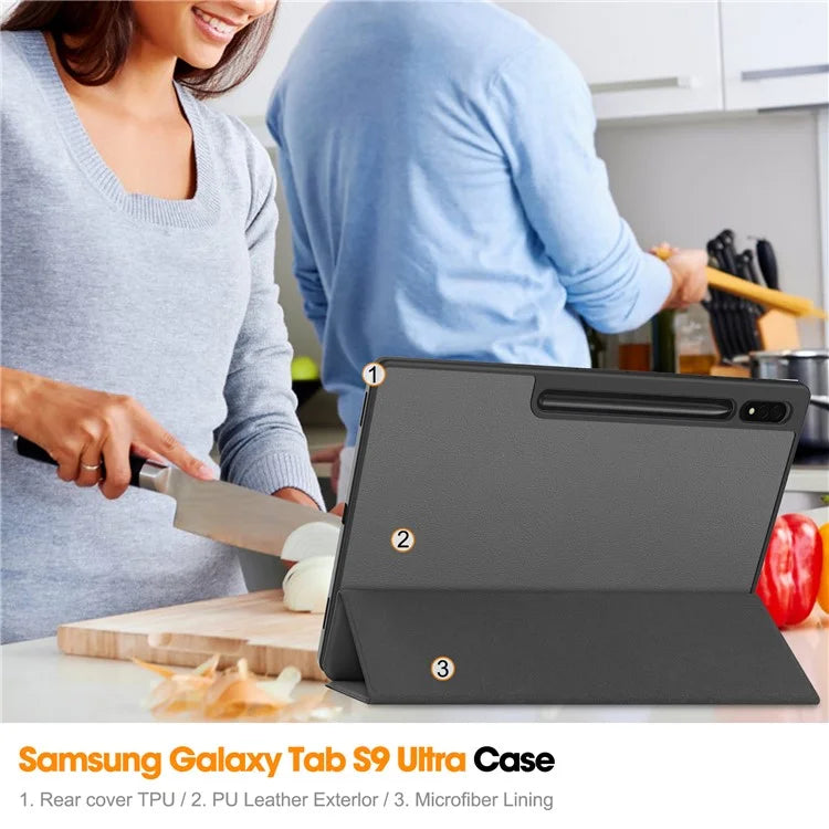 For Samsung Galaxy Tab S10 Ultra Stand Case Shock-Absorbent Leather Tablet Cover with Pen Slot