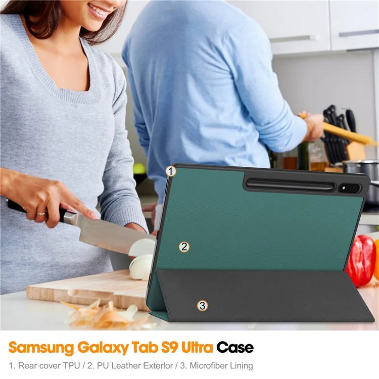 For Samsung Galaxy Tab S10 Ultra Stand Case Shock-Absorbent Leather Tablet Cover with Pen Slot