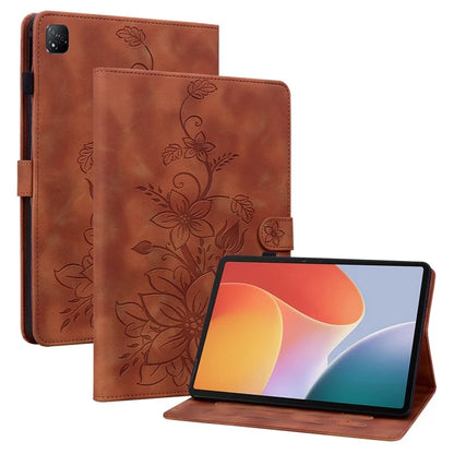 For Infinix Xpad Case Lily Flower Imprint Card Slots Leather Tablet Cover