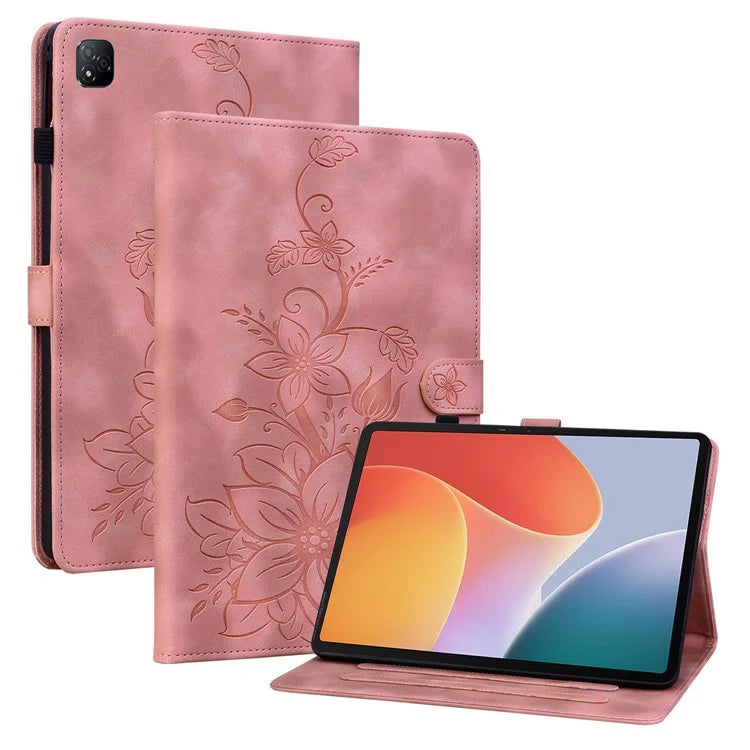 For Infinix Xpad Case Lily Flower Imprint Card Slots Leather Tablet Cover