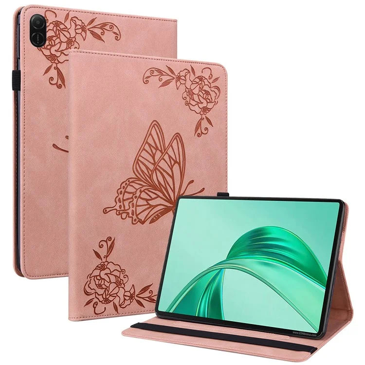 For Honor Pad X8a Case Butterfly Flower Imprint PU Leather Tablet Cover with Card Slots