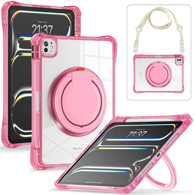 For iPad Pro 11 (2024) Case with Shoulder Strap Rotary Kickstand PC+TPU+Acrylic Tablet Cover