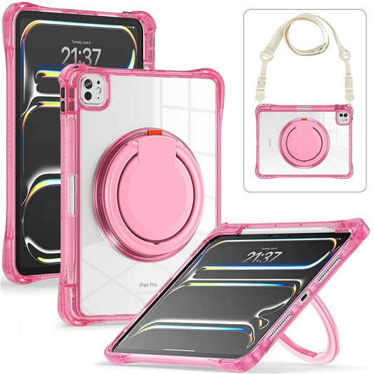 For iPad Pro 11 (2024) Case with Shoulder Strap Rotary Kickstand PC+TPU+Acrylic Tablet Cover