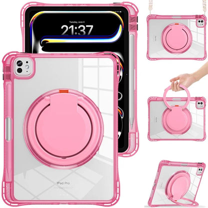 For iPad Pro 11 (2024) Case with Shoulder Strap Rotary Kickstand PC+TPU+Acrylic Tablet Cover