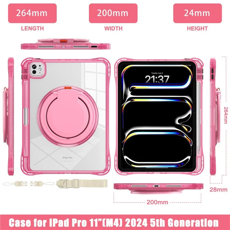 For iPad Pro 11 (2024) Case with Shoulder Strap Rotary Kickstand PC+TPU+Acrylic Tablet Cover