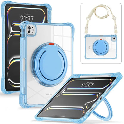 For iPad Pro 11 (2024) Case with Shoulder Strap Rotary Kickstand PC+TPU+Acrylic Tablet Cover