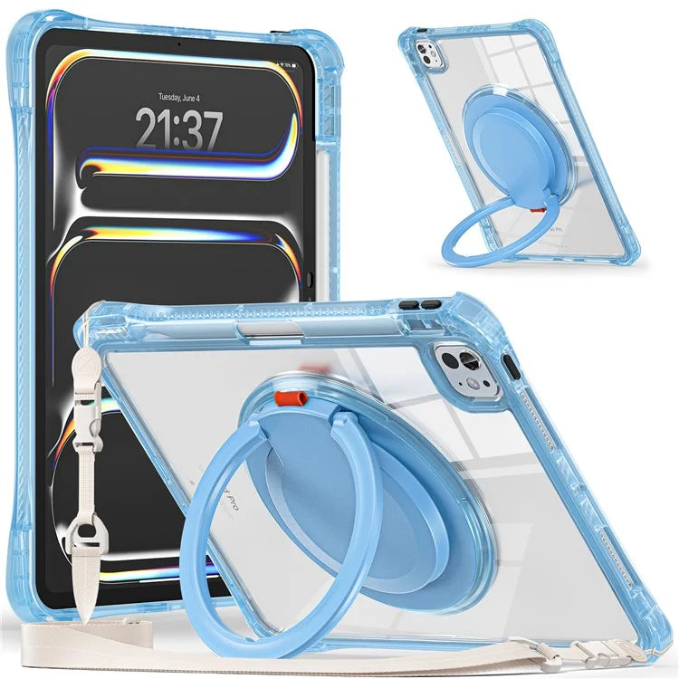 For iPad Pro 11 (2024) Case with Shoulder Strap Rotary Kickstand PC+TPU+Acrylic Tablet Cover