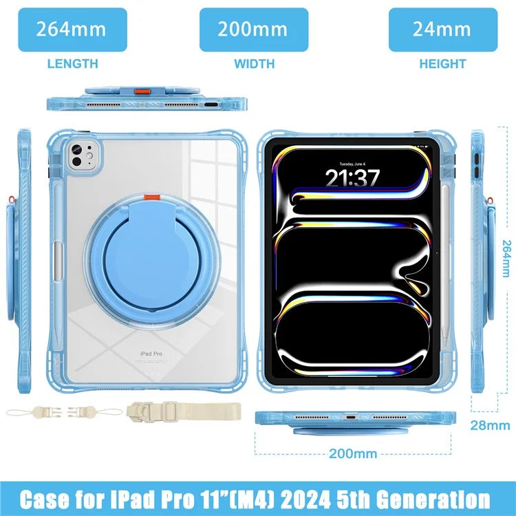 For iPad Pro 11 (2024) Case with Shoulder Strap Rotary Kickstand PC+TPU+Acrylic Tablet Cover
