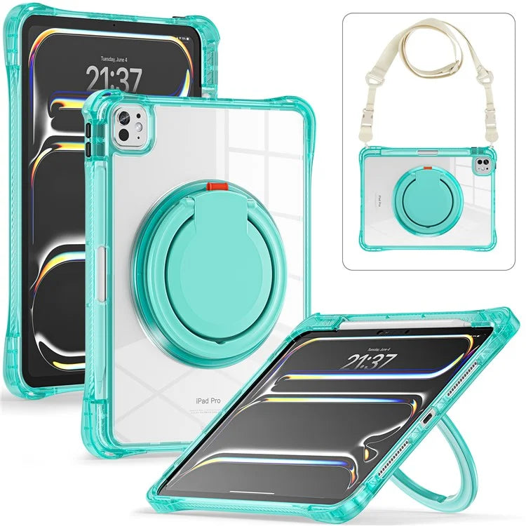 For iPad Pro 11 (2024) Case with Shoulder Strap Rotary Kickstand PC+TPU+Acrylic Tablet Cover