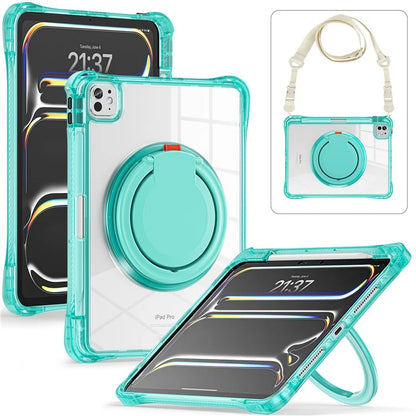 For iPad Pro 11 (2024) Case with Shoulder Strap Rotary Kickstand PC+TPU+Acrylic Tablet Cover