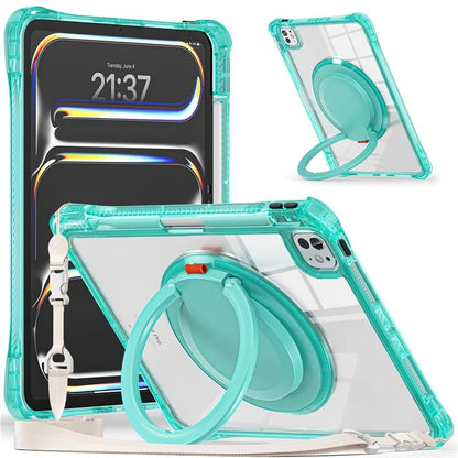 For iPad Pro 11 (2024) Case with Shoulder Strap Rotary Kickstand PC+TPU+Acrylic Tablet Cover