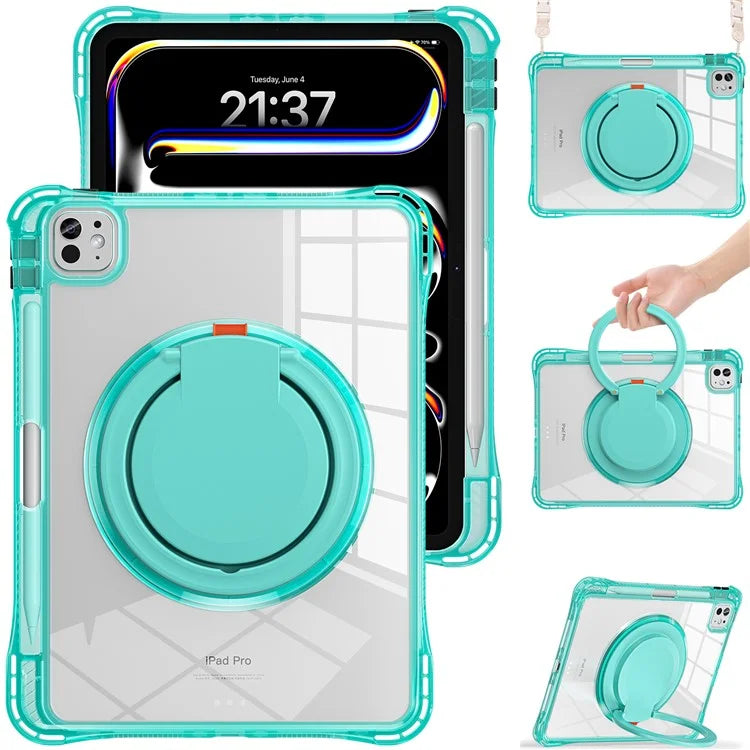 For iPad Pro 11 (2024) Case with Shoulder Strap Rotary Kickstand PC+TPU+Acrylic Tablet Cover