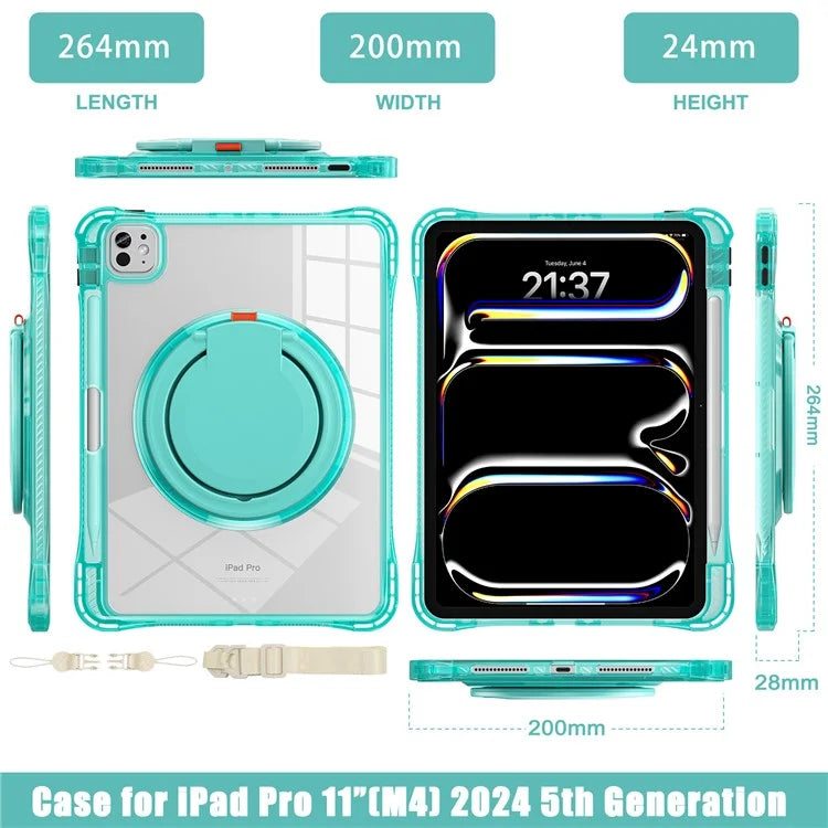 For iPad Pro 11 (2024) Case with Shoulder Strap Rotary Kickstand PC+TPU+Acrylic Tablet Cover
