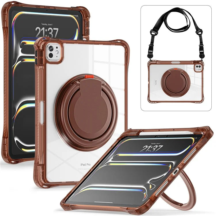 For iPad Pro 11 (2024) Case with Shoulder Strap Rotary Kickstand PC+TPU+Acrylic Tablet Cover