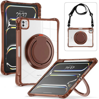 For iPad Pro 11 (2024) Case with Shoulder Strap Rotary Kickstand PC+TPU+Acrylic Tablet Cover