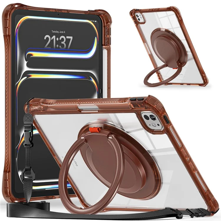 For iPad Pro 11 (2024) Case with Shoulder Strap Rotary Kickstand PC+TPU+Acrylic Tablet Cover