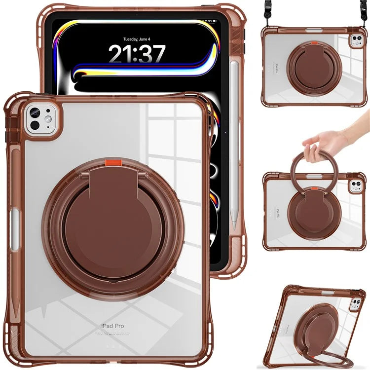 For iPad Pro 11 (2024) Case with Shoulder Strap Rotary Kickstand PC+TPU+Acrylic Tablet Cover